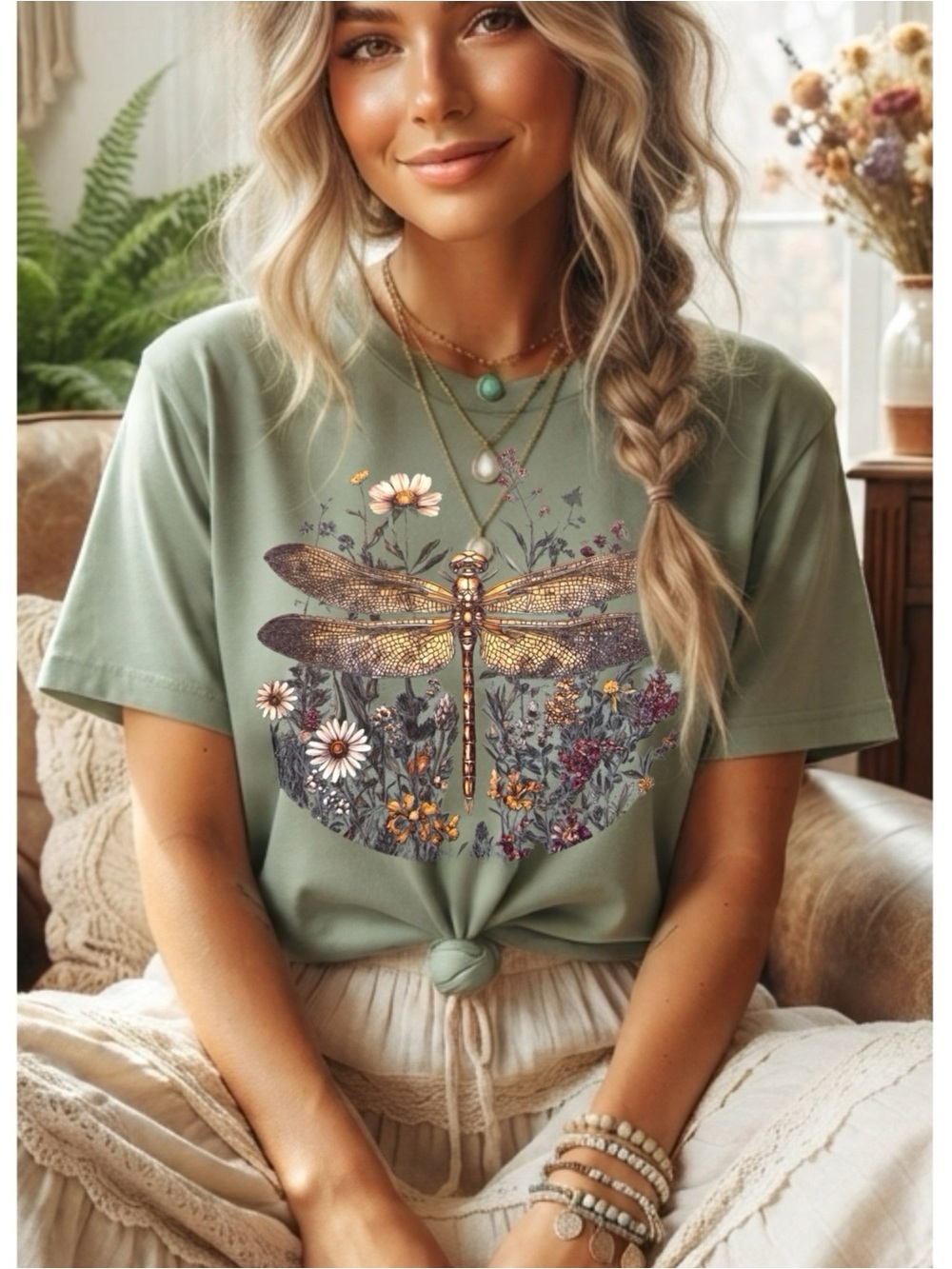 Botanical Dragonfly Graphic Oversized Tee Shirt Vintage Style Sage Womens Large